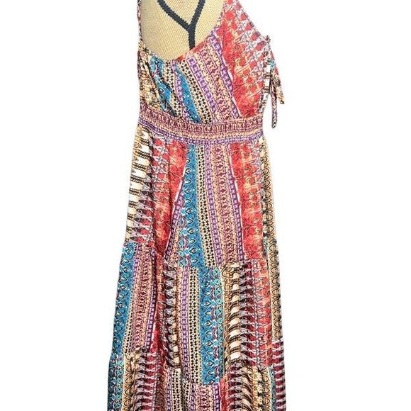 Boho Midi Sundress 1X Tiered Flowy Dress Smocked Adjustable Straps Tribal Print - Picture 7 of 14